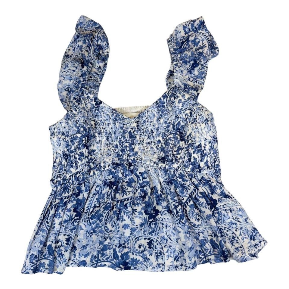 Hollister Smocked Floral Paisley Babydoll Tank Top Blue White Womens S